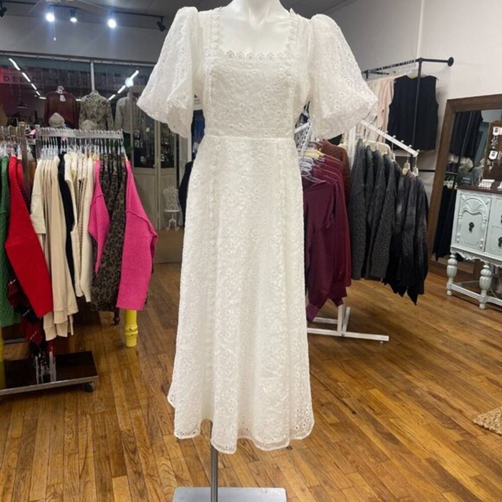 AQUA Lace Trim Eyelet Midi Dress L - Picture 4 of 6